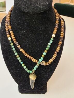 BB Lila African Turquoise, Wood Beads & Horn & Beass Necklace 34"